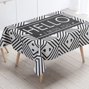 Nordic marble pattern tablecloth with HELLO text and geometric diamond designs