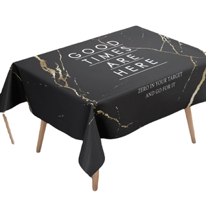 Modern marble pattern rectangle tablecloth with gold accents and Good Times slogan