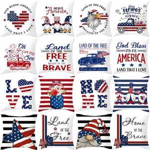 Housse de Coussin Patriotique en Peau de Pêche Jour de l'Indépendance USA 4 Juillet Gnomo Drapeau Camion Vintage Imprimé Pour Canapé Maison