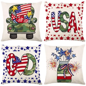 Set of four 4th of July linen pillow covers with USA American flag and camo designs