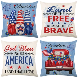 Set of 4 patriotic Independence Day linen pillow covers with gnome and truck prints