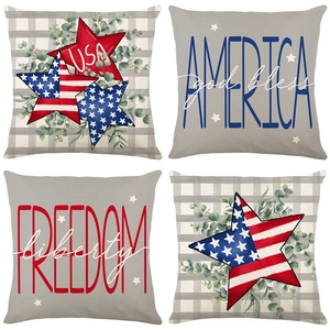 Set of 4 American Independence Day linen pillow covers with stars and stripes patterns