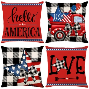 Set of 4 patriotic Independence Day linen pillow covers with vintage truck and USA stars design