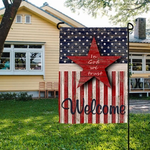 Double-sided linen American Independence Day garden flag with In God We Trust red star