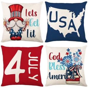 Set of four linen Independence Day pillow covers with patriotic gnomes and USA motifs