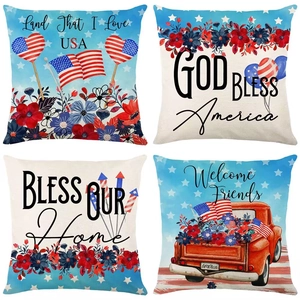 Detail of four Independence Day pillow covers with patriotic American flag prints and patterns