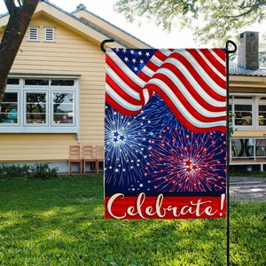 American Independence Day garden flag with fireworks and Celebrate text for yard decor