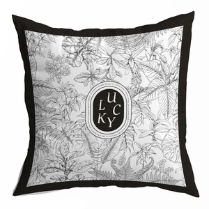 Retro black and white geometric pillowcase with botanical patterns and Lucky label