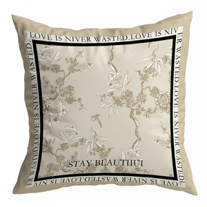 European vintage square throw pillow cover with floral plant pattern and text on white background