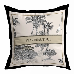Detail of European retro pillowcase with tropical jungle sketch and stay beautiful text