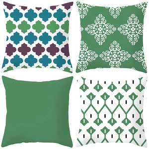 Set of 4 ethnic geometric pillow covers in dark green and purple Moroccan patterns