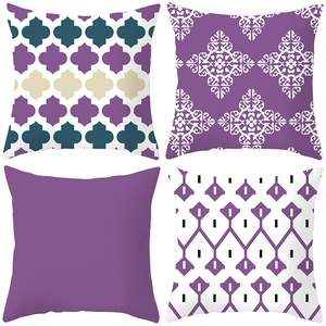 Set of 4 ethnic geometric pillow covers in purple Moroccan tile and damask floral patterns