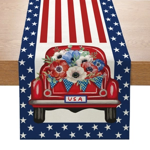 Détails du chemin de table en lin avec camion rouge et motif d'étoiles patriotiques USA