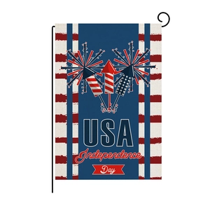 Double-sided USA Independence Day garden flag with fireworks design on a metal stand