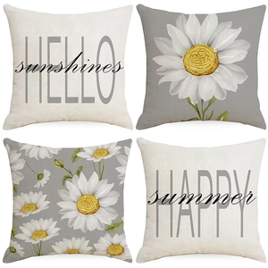 Set of 4 linen pillow covers with daisy prints and Hello Sunshine text for home decor