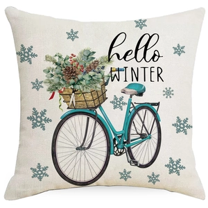 Blue winter snowflake pillow cover with vintage bicycle and hello winter lettering