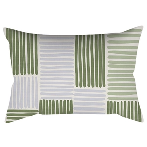 Macro detail of geometric grey-green and lavender striped lumbar pillowcase fabric