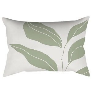 Close-up of sage green leaf pattern on rectangular lumbar pillow case in nordic style