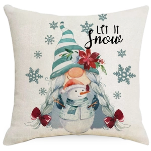 Blue Christmas gnome pillow cover with Let It Snow text and snowflake pattern