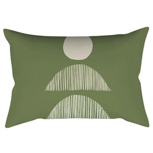 Detail of olive green lumbar pillowcase featuring minimalist abstract geometric patterns