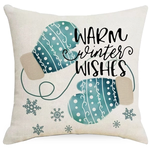 Blue watercolor mittens and snowflake pattern pillow cover with Warm Winter Wishes text