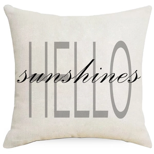 Linen blend square pillow cover featuring gray HELLO sunshine floral print design