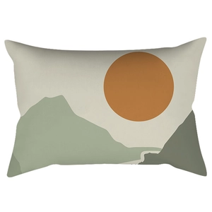 Close-up of fabric texture on lumbar pillow with abstract landscape and sun design