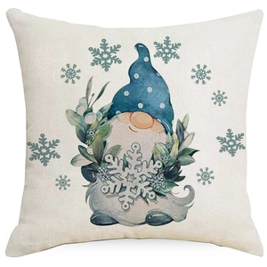 Blue Christmas gnome pillow cover with snowflake patterns on textured linen fabric