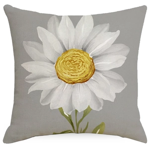 Linen decorative pillowcase featuring grey background and white daisy floral pattern