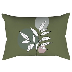 Detail of rectangular olive green lumbar pillow with minimalist botanical leaf print