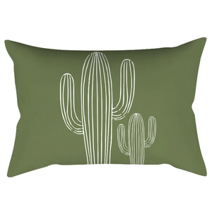 Detail of rectangular green pillowcase featuring minimalist white cactus plant line art