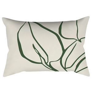 Modern rectangle lumbar pillow case with green abstract leaf print on beige fabric