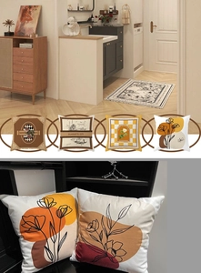 Detailed views of geometric and floral plush pillow covers in a home interior setting