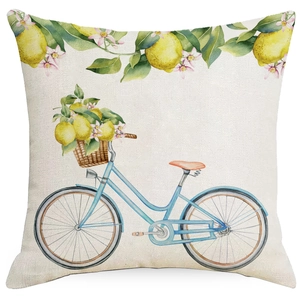 Watercolor lemon and blue bicycle linen pillowcase on clean white background