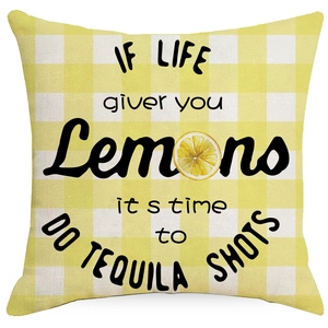 Summer lemon series linen pillowcase with yellow gingham pattern and tequila quote