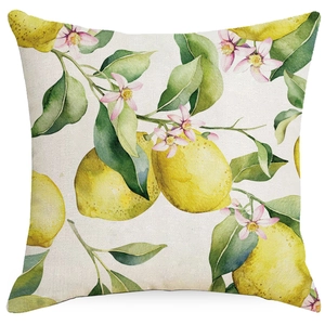 Linen decorative pillowcase featuring realistic lemon fruit and floral patterns on white background