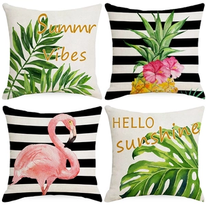Taie d'Oreiller en Polyester Été Flamant Rose Ananas Feuille Tropicale Monstera Housse de Coussin Carrée Déco