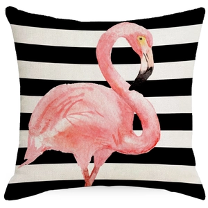 Housse de coussin en lin avec motif flamant rose aquarelle et rayures horizontales