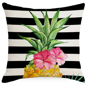 Housse de coussin en lin avec motif ananas aquarelle et fleurs sur rayures noires