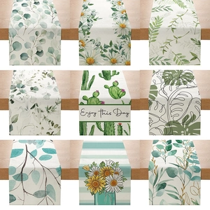 Chemin de Table en Lin Nordique Imprimé de Feuilles et Fleurs Eucalyptus Cactus Monstera Floral Décoration de Table Maison
