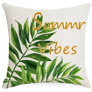Housse de coussin en lin avec feuilles tropicales et texte Summer Vibes sur blanc