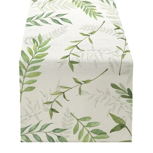 Chemin de table en lin avec imprimé feuilles vertes sur tissu beige décoratif