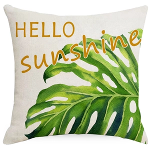 Housse de coussin en lin avec motif feuille de monstera et slogan HELLO sunshine
