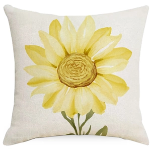 Square linen throw pillow cover with a vibrant yellow sunflower print on beige fabric