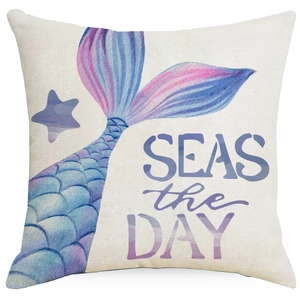 Linen square pillowcase with watercolor mermaid tail and Seas the Day print for sofa decor