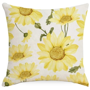 Linen cushion cover with yellow daisy floral print on a neutral background