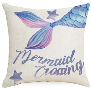 Mermaid Crossing watercolor cushion cover in blue and purple linen with starfish pattern