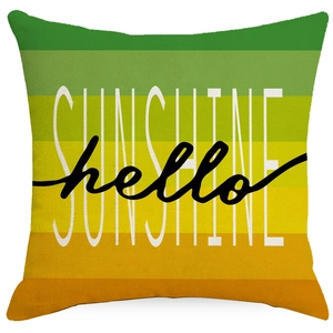 Linen sunflower pillowcase with hello sunshine print and colorful gradient stripes