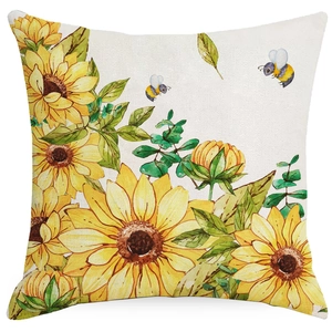 Linen sunflower and bee square throw pillow case with watercolor floral print design