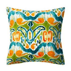 Housse de coussin en lin imperméable avec motif ikat bohème en vert et orange